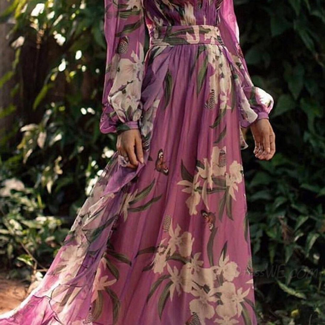 Women’s Maxi Dress – V-Neck – Fitted Waist – Long Sleeve – Lightweight Floral Design 2