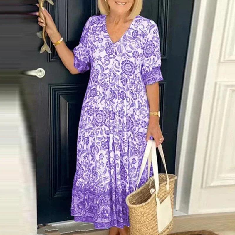 Women's Midi Dress - Floral Print - V-Neck - A-Line Loose Fit - Three-Quarter Sleeves 2