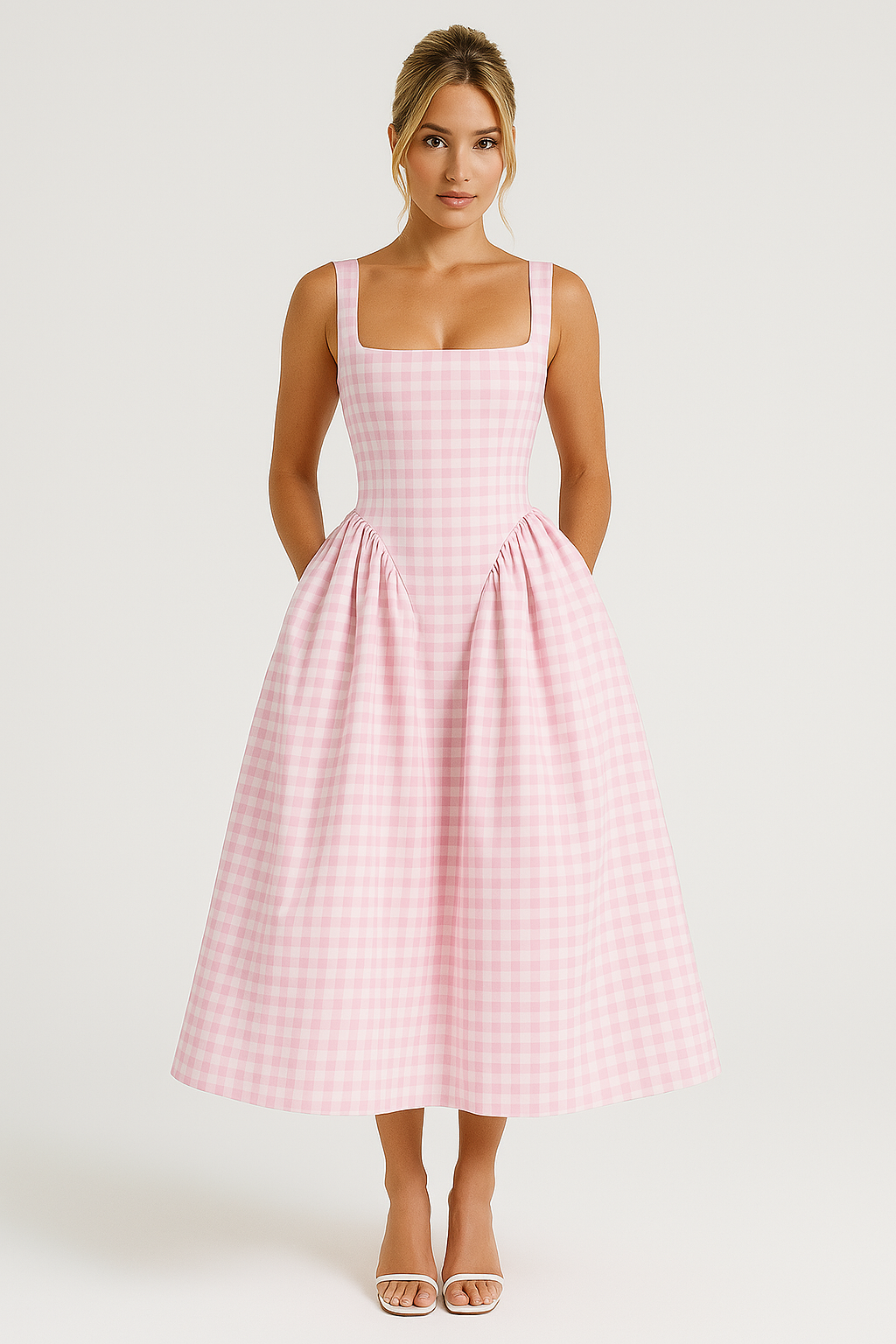 Classic Meets Chic – Checkered Square Neck Midi Dress with Princess Silhouette for Everyday Elegance