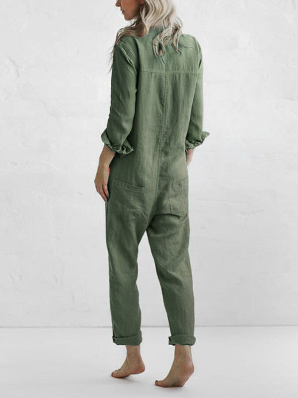 Women's Relaxed Fit Button Down Jumpsuit with Roll Tab Sleeves – Casual Straight Leg Design for Spring/Summer 2
