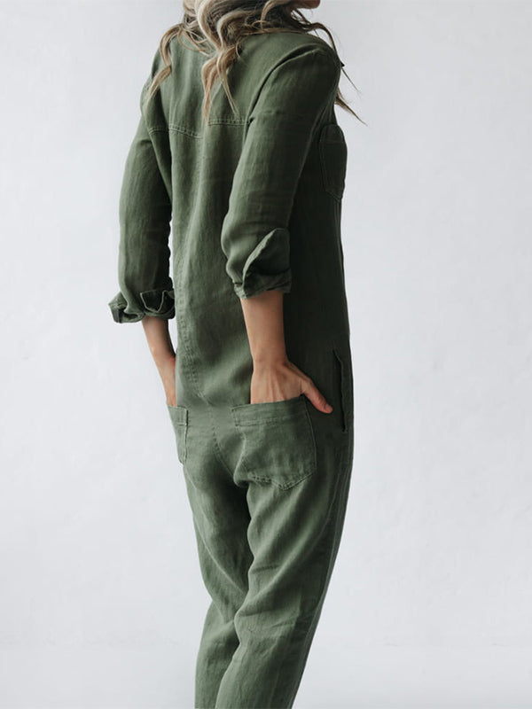 Women's Relaxed Fit Button Down Jumpsuit with Roll Tab Sleeves – Casual Straight Leg Design for Spring/Summer 3