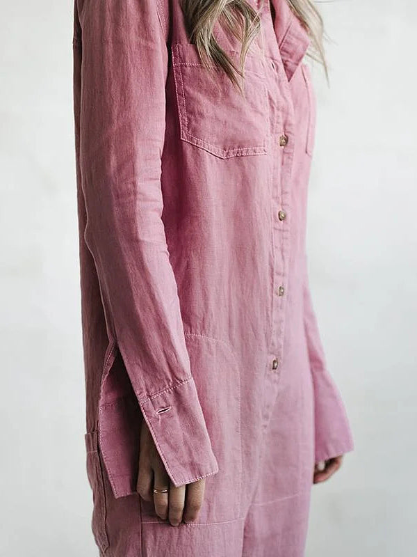 Women's Relaxed Fit Button Down Jumpsuit with Roll Tab Sleeves – Casual Straight Leg Design for Spring/Summer 5