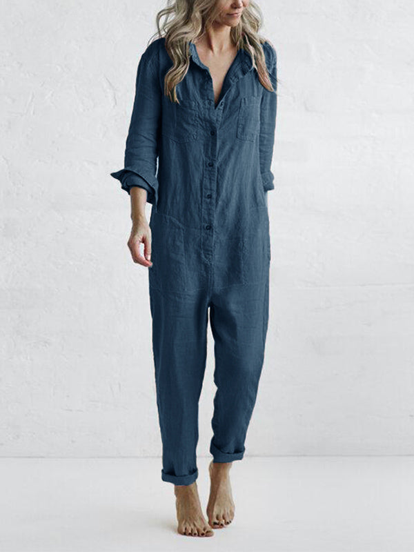 Women's Relaxed Fit Button Down Jumpsuit with Roll Tab Sleeves – Casual Straight Leg Design for Spring/Summer 7