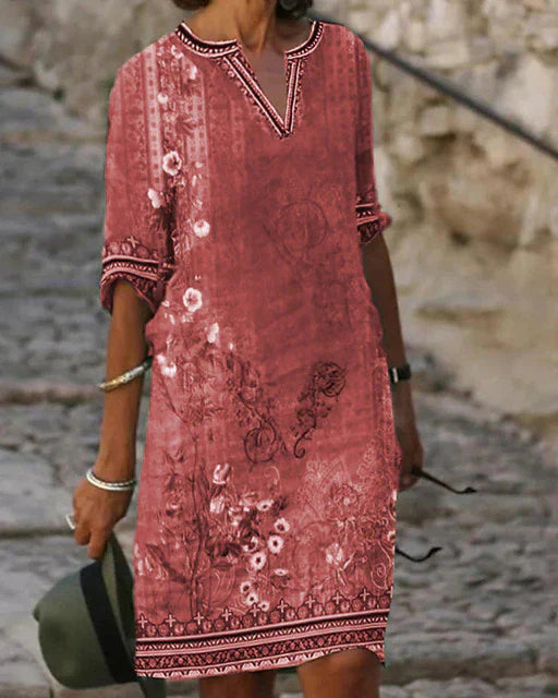 Women's Retro Floral Print Mini Dress - Summer Casual V-Neck Loose Style 2