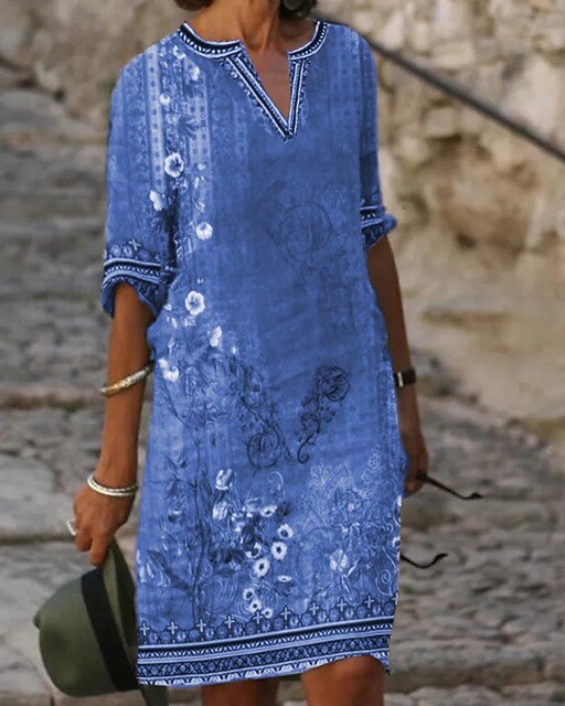 Women's Retro Floral Print Mini Dress - Summer Casual V-Neck Loose Style 4