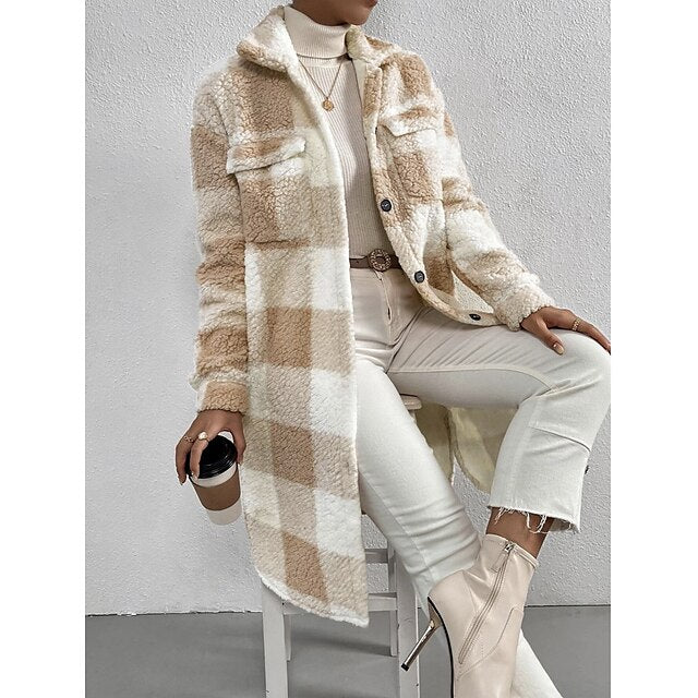 Women's Sherpa Jacket Beige Size M Plush Winter Coat 4