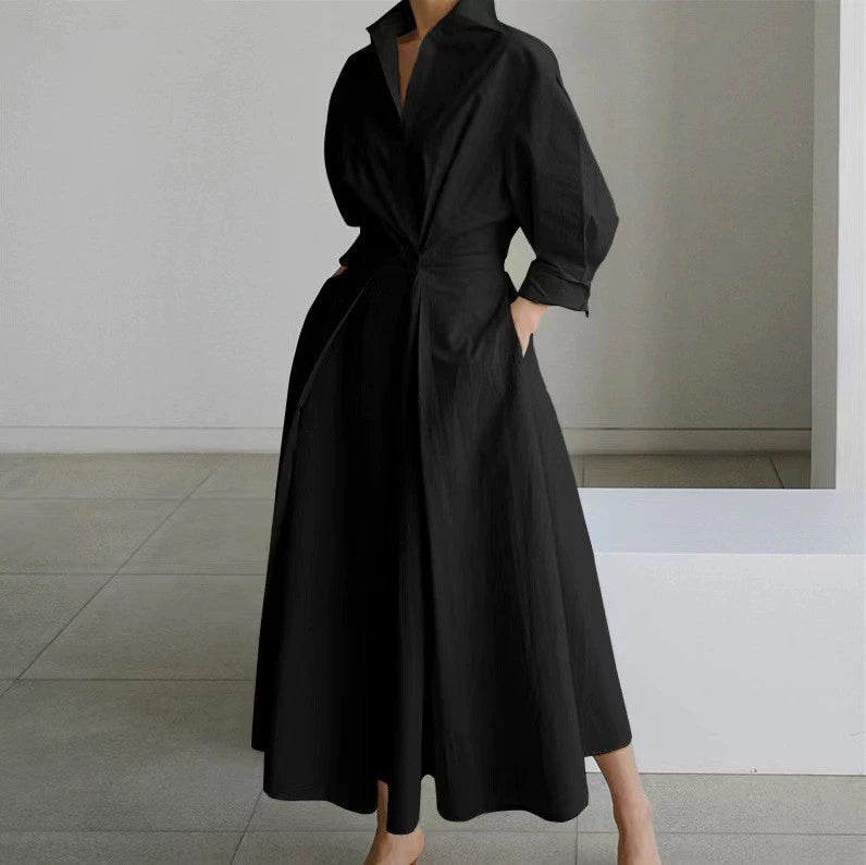 Women’s Shirt Dress – Button Front – Cinched Waist – A-Line Fit – Long Sleeve – Pockets 2