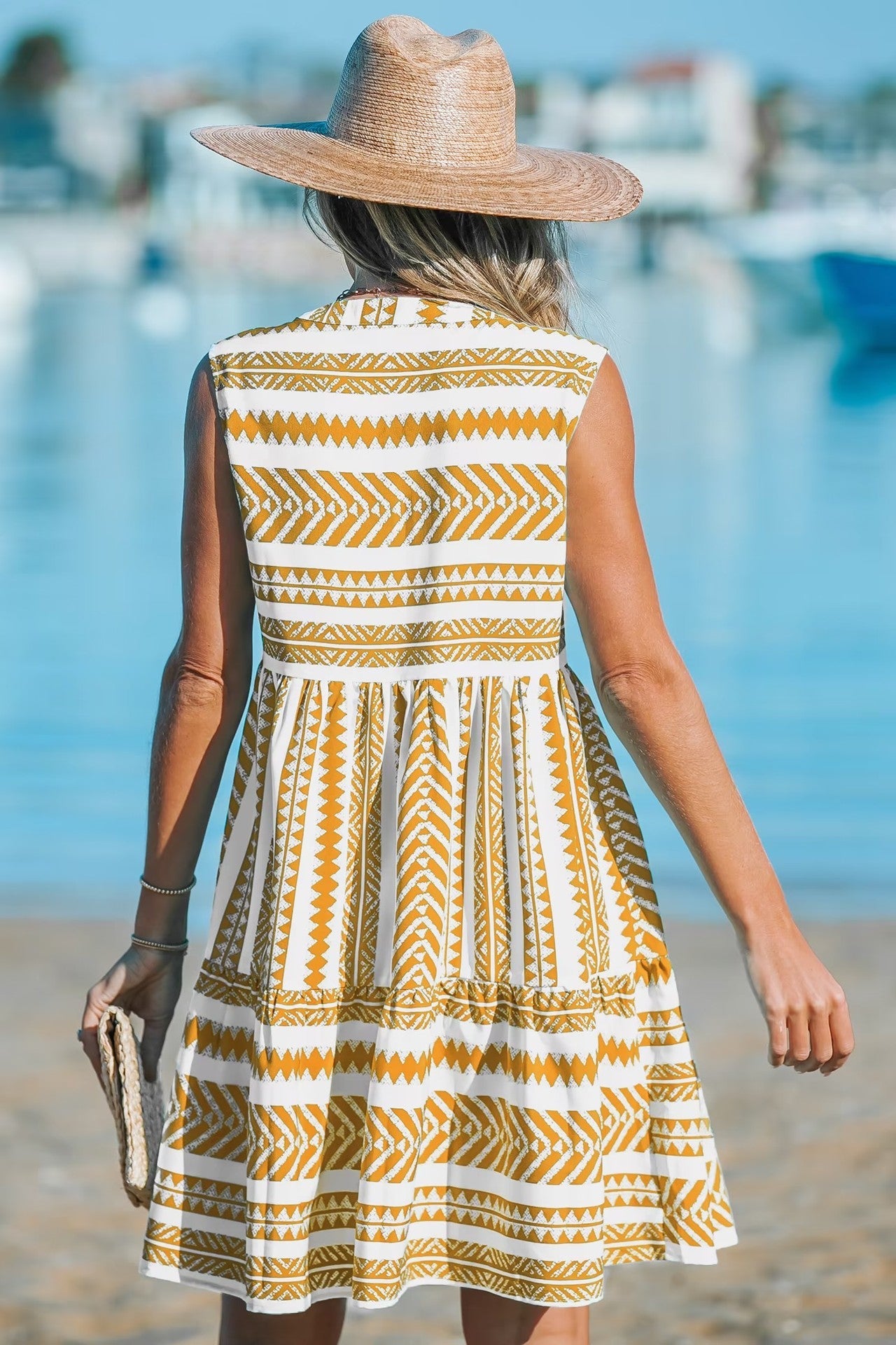 Women’s Sleeveless Boho Dress – Striped Fit & Flare – V-Neck - Knee Length – Casual Beachwear 6