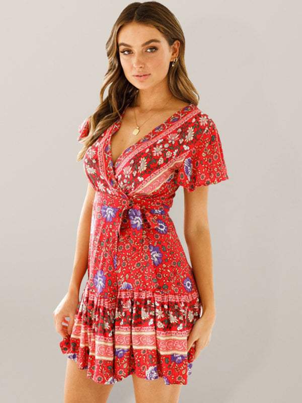 Women's Wrap Dress - Floral Print - V-Neck - Short Flutter Sleeves - Flowy Silhouette 2