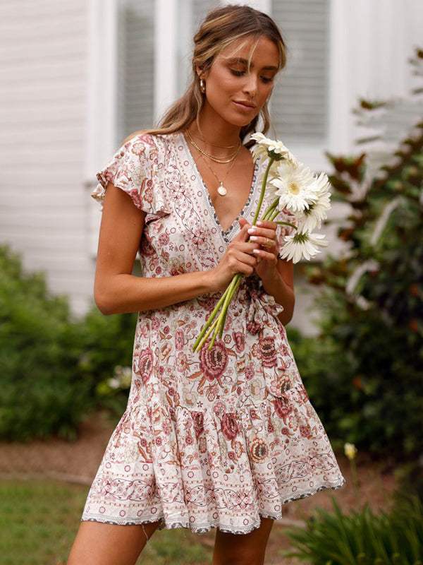 Women's Wrap Dress - Floral Print - V-Neck - Short Flutter Sleeves - Flowy Silhouette 3