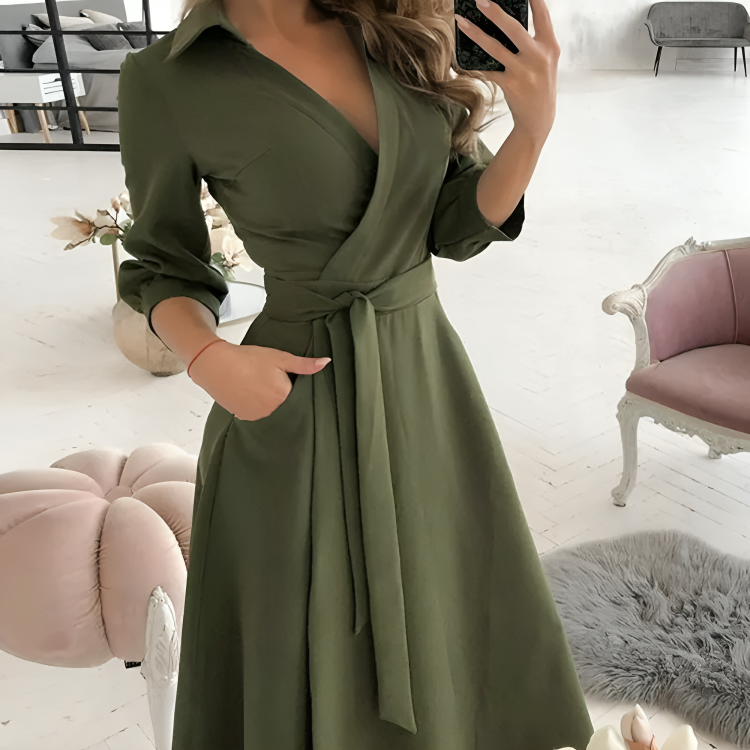 Women's Wrap Dress - V-Neck - Self-Tie Waist - 3/4 Sleeve - Flowy A-Line Silhouette 2