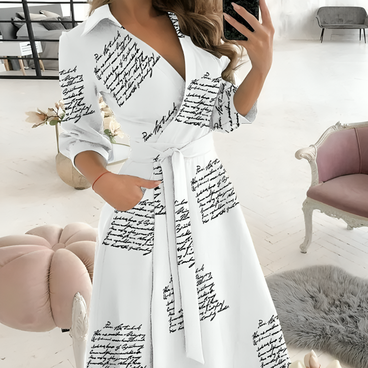 Women's Wrap Dress - V-Neck - Self-Tie Waist - 3/4 Sleeve - Flowy A-Line Silhouette 3