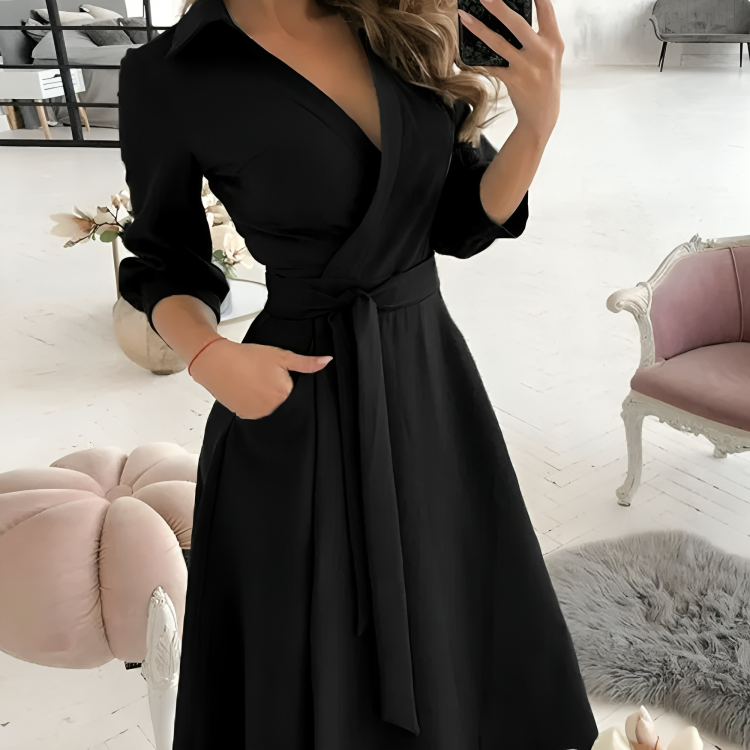 Women's Wrap Dress - V-Neck - Self-Tie Waist - 3/4 Sleeve - Flowy A-Line Silhouette 4