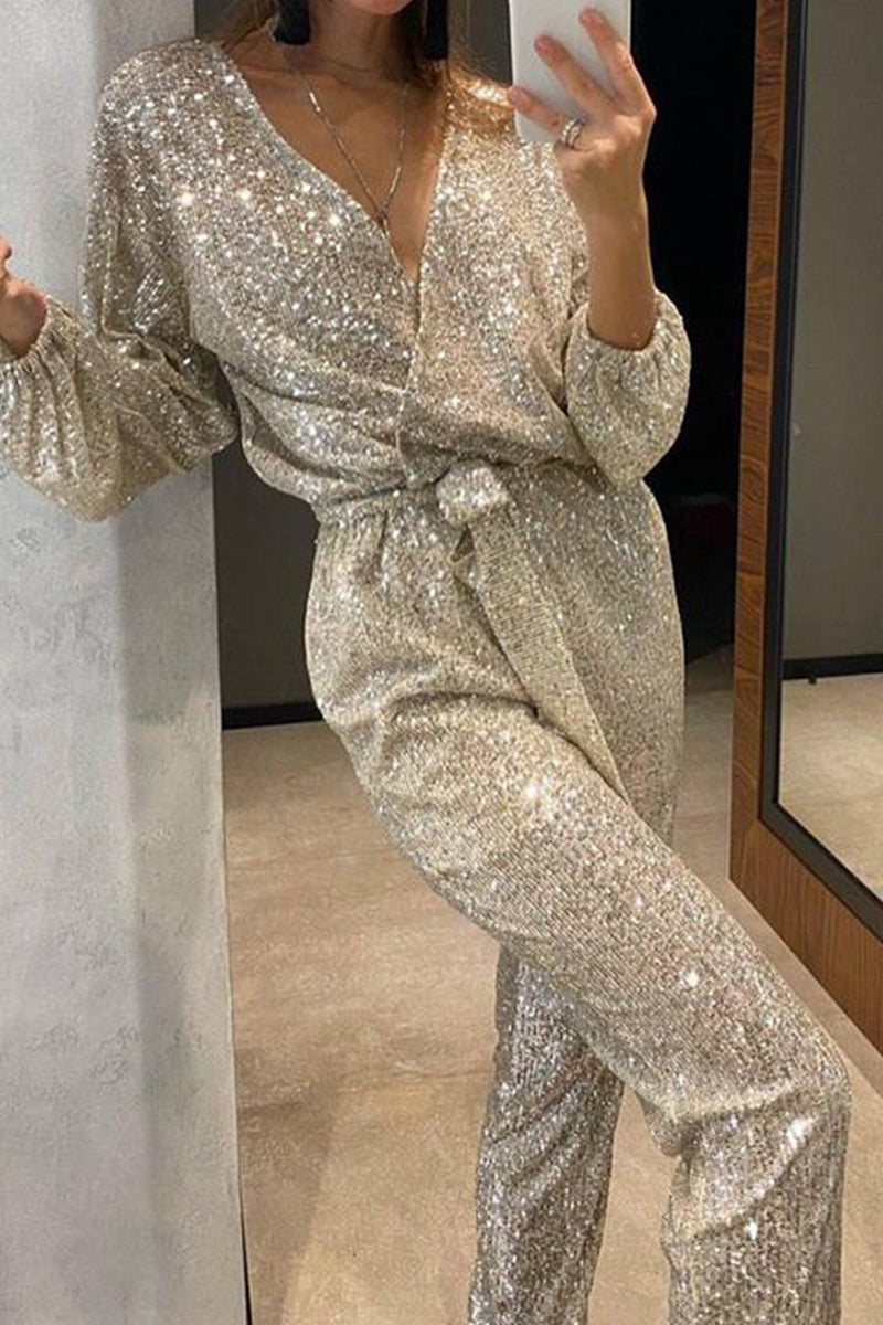 Women's bandage sequin jumpsuit with v-neck 0