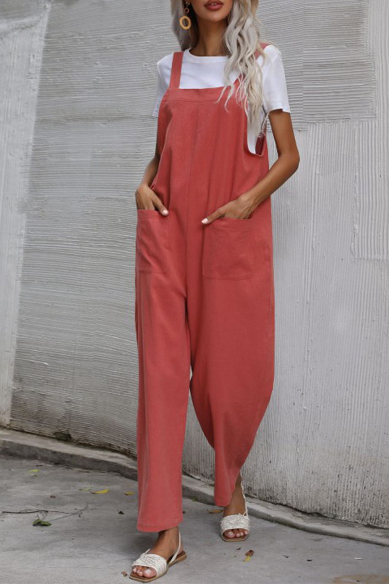 Women's casual plain pocket button straight jumpsuit 2