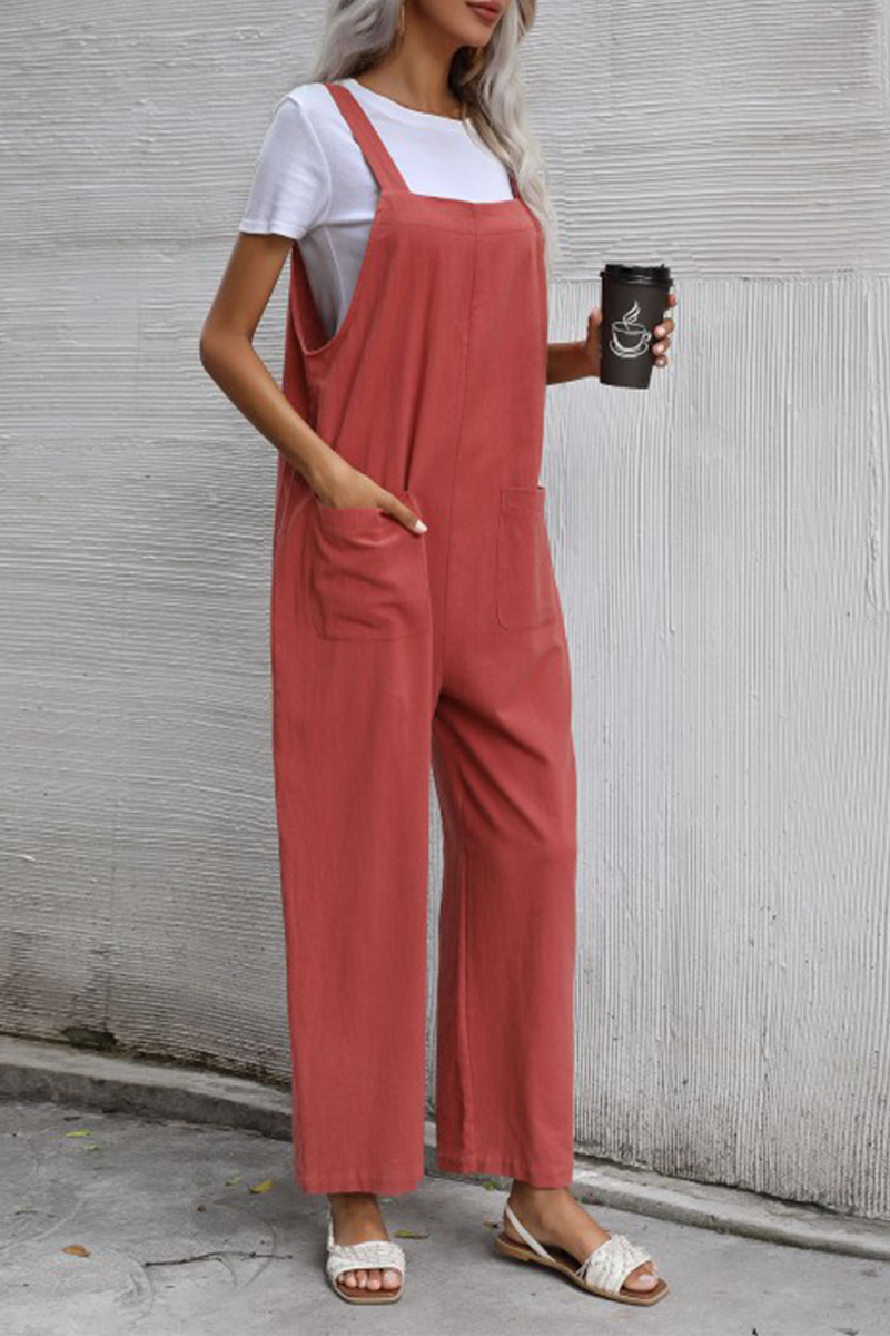 Women's casual plain pocket button straight jumpsuit 3