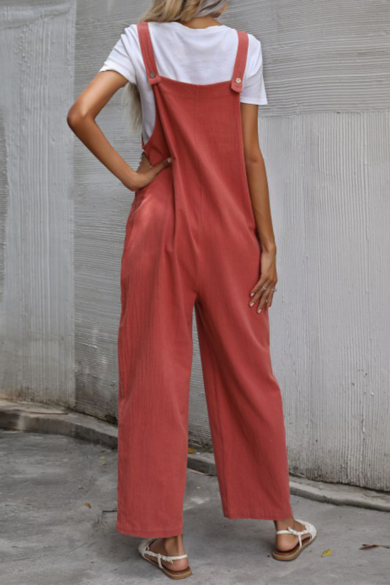 Women's casual plain pocket button straight jumpsuit 4