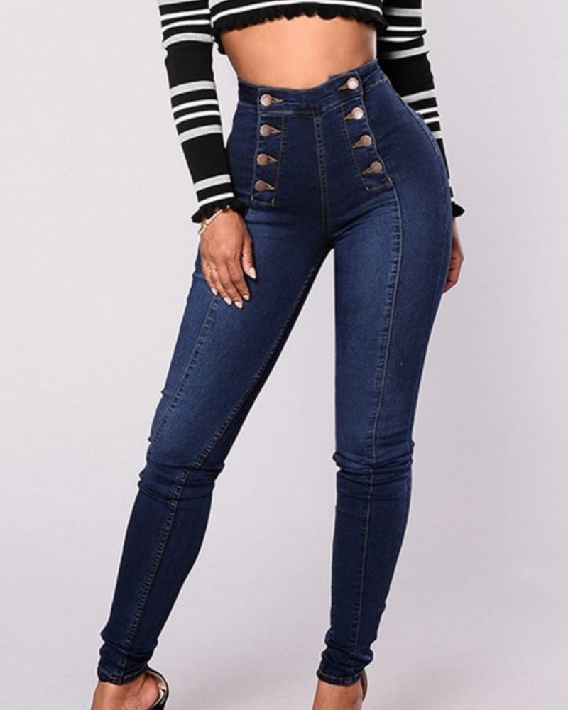 Slim-Fit Stretch Jeans with High Waist and Double-Breasted Multi-Button Design – Comfortable Denim Pants-6