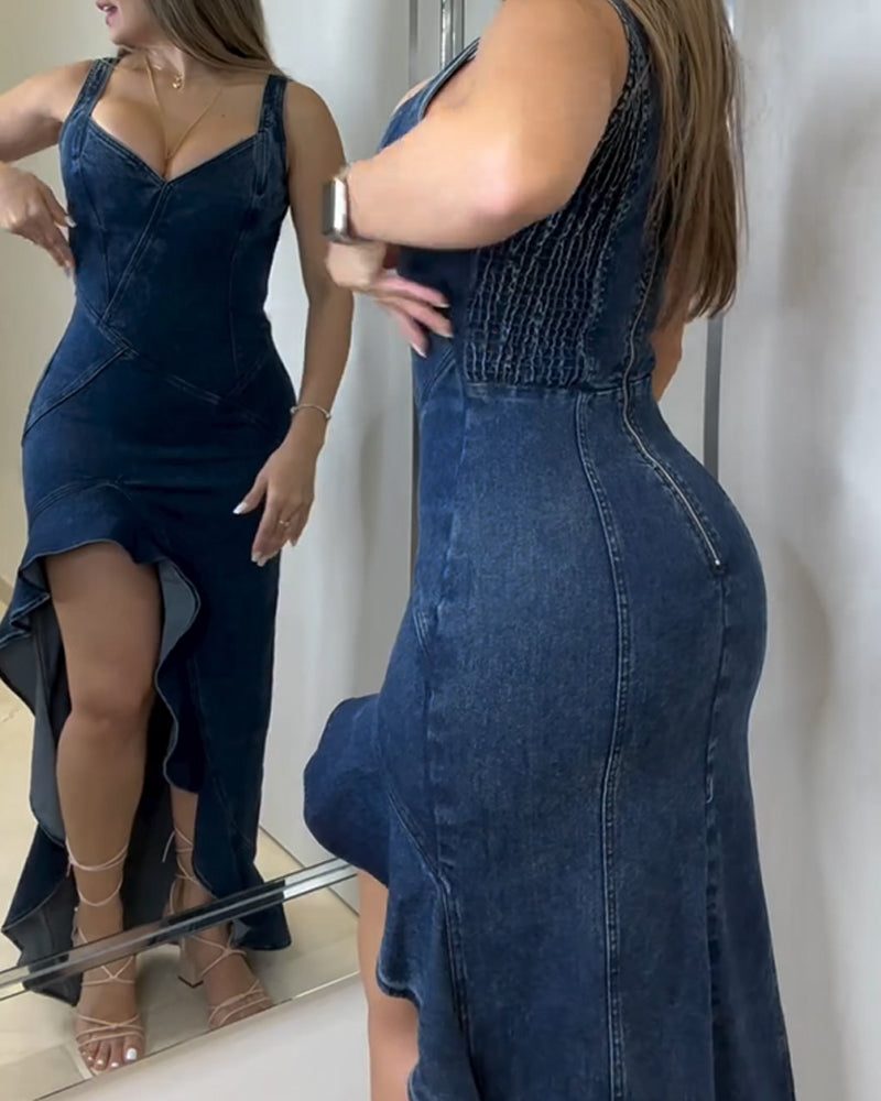 Low-Cut Denim Dress for Women with Elastic Sides – Stylish Sleeveless Jean Dress for Casual and Formal Occasions-5