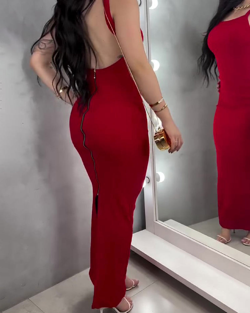 Elegant Backless Bodycon Maxi Dress with Hip Zipper – Perfect for Formal Events and Cocktail Parties-1