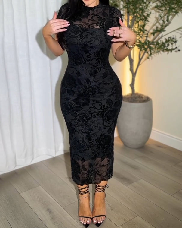 Women's Sheer Mesh Bodycon Dress with Retro Print – Slim Fit, Comfortable and Stylish for Parties and Casual Outings-5