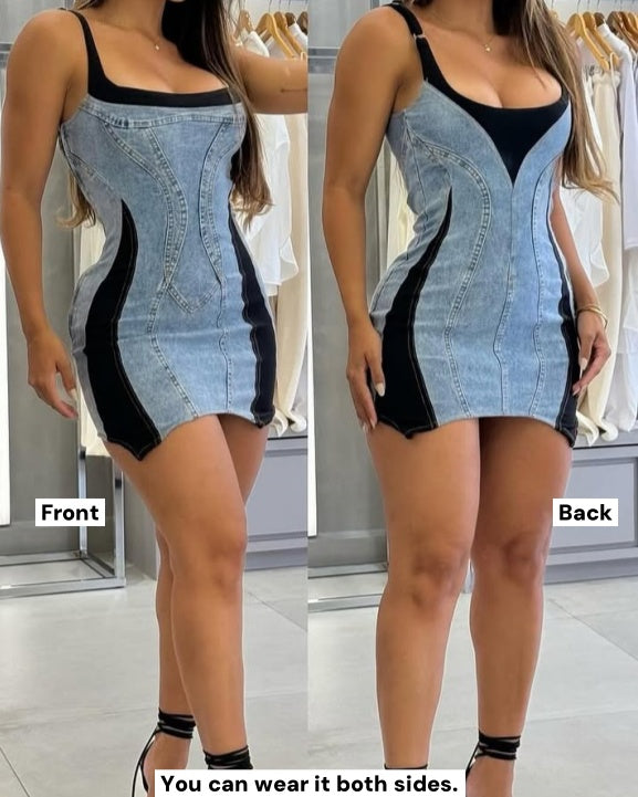 Bodycon Mini Denim Dress for Women with Contrast Color, Backless and Sleeveless Suspender Design – Summer Fashion Essential-2