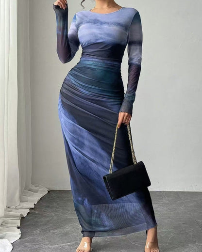 Variant image for Chic Gradient Long Sleeve Bodycon Dress in High Elastic Mesh – Comfortable Fit for Effortless Elegance-11