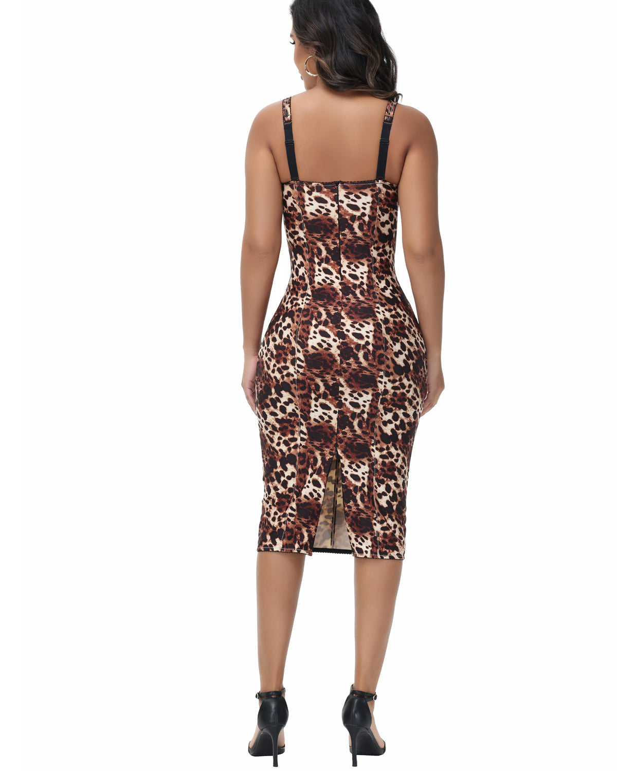 Sexy Midi Bodycon Dress with Built-in Bra and Adjustable Suspenders – Leopard Print, Elastic Fabric, Curvy Fit-6