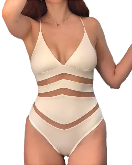Elegant Deep V One Piece Swimsuit with Mesh Patchwork – Flattering Swimwear for Women-1