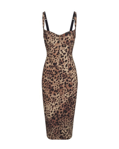 Stylish Women's Bodycon Midi Dress with Underwire Cups and Leopard Print Design-1