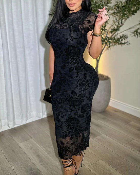 Women's Sheer Mesh Bodycon Dress with Retro Print – Slim Fit, Comfortable and Stylish for Parties and Casual Outings-4