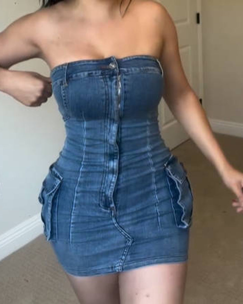 Strapless Denim Bodycon Mini Dress with Front Zipper and Cargo Pockets – Stretch Fabric for Comfortable Fit-4