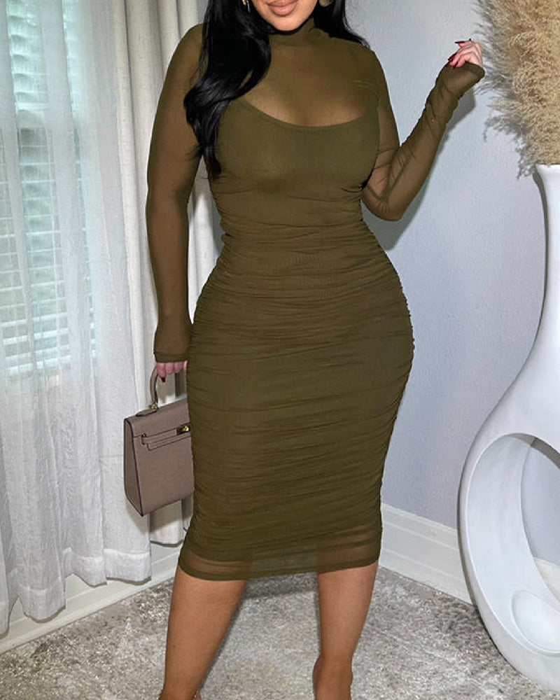 Variant image for Elegant Women's Midi Bodycon Dress with Ruched Mesh and Mock Neck – Black Cocktail Dress for Special Occasions-19