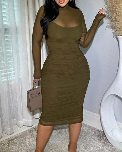 Variant image for Elegant Women's Midi Bodycon Dress with Ruched Mesh and Mock Neck – Black Cocktail Dress for Special Occasions-19