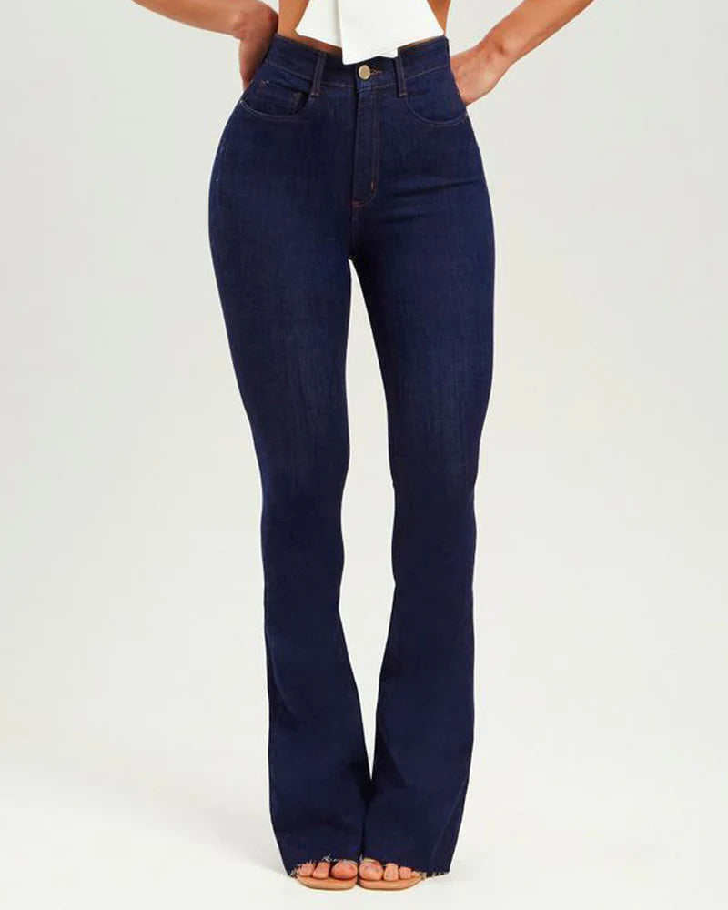 High Waist Dark Blue Butt Lifting Skinny Flare Jeans for Women – Stretchy and Comfortable Fit-3