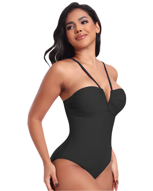 Elegant Halter Neck One Piece Swimsuit with Tummy Control and V-Shaped Cut for Flattering Fit-1