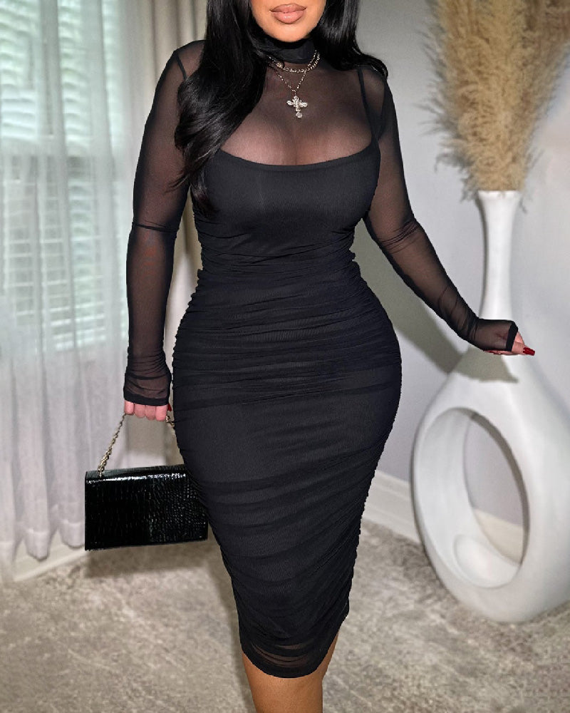 Elegant Women's Midi Bodycon Dress with Ruched Mesh and Mock Neck – Black Cocktail Dress for Special Occasions-1