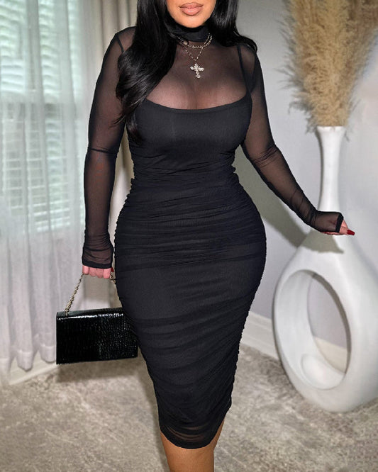 Elegant Women's Midi Bodycon Dress with Ruched Mesh and Mock Neck – Black Cocktail Dress for Special Occasions-1