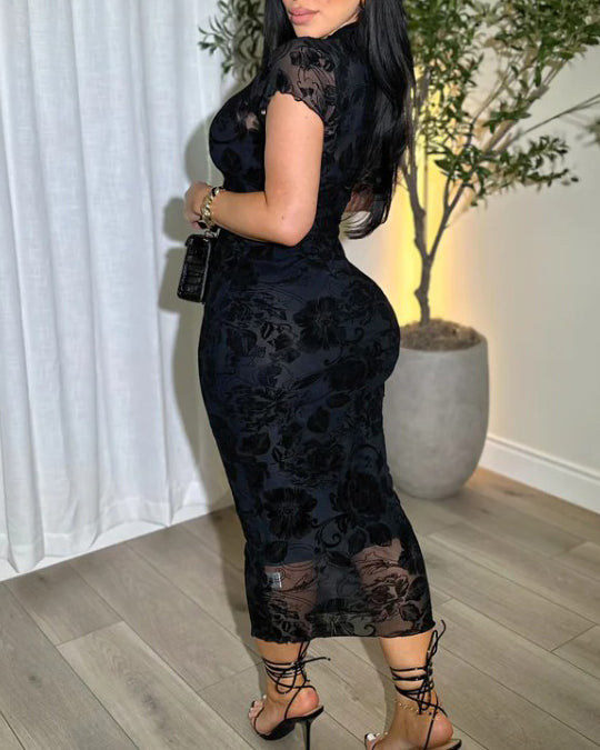 Women's Sheer Mesh Bodycon Dress with Retro Print – Slim Fit, Comfortable and Stylish for Parties and Casual Outings-2