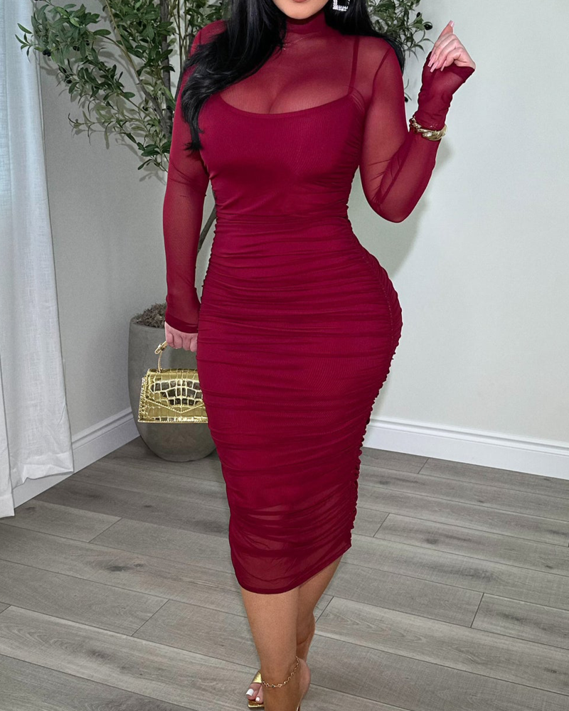 Variant image for Elegant Women's Midi Bodycon Dress with Ruched Mesh and Mock Neck – Black Cocktail Dress for Special Occasions-11