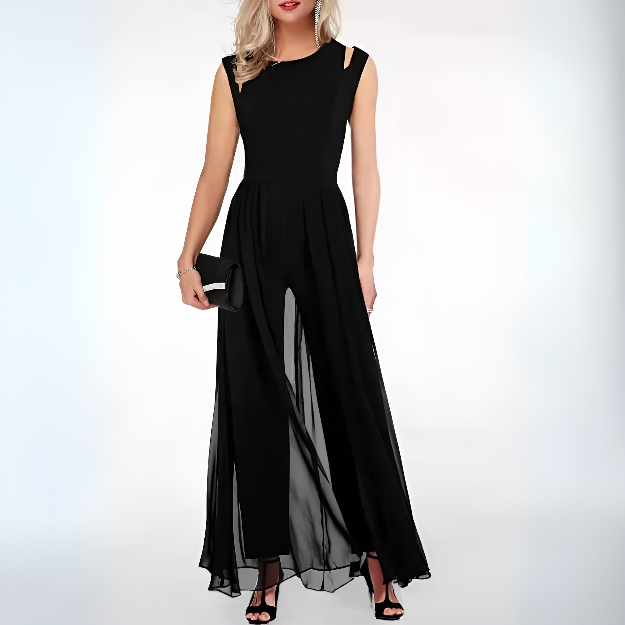 Elegant Women's Jumpsuit with High Neck Cut-Out and Wide-Leg Fit – Black or White Available 0