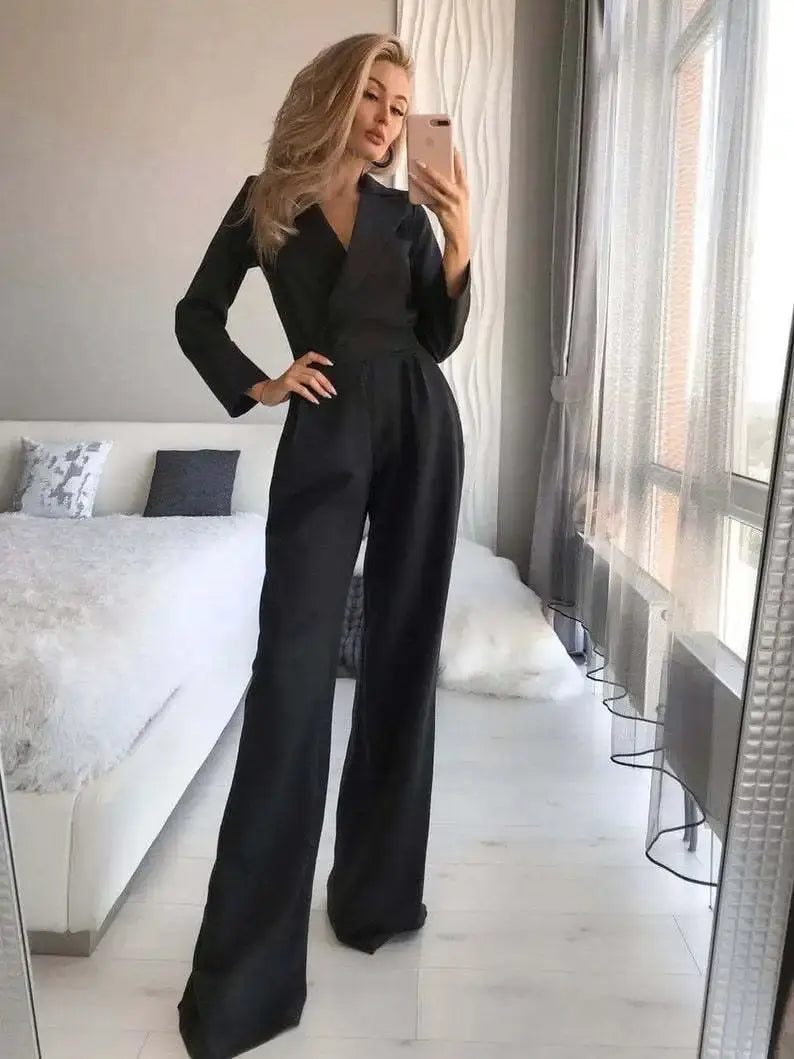 Elegant Women's Long Sleeve Jumpsuit with Wide Leg Design – Black or White Options for Any Occasion 0