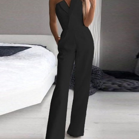 Elegant Women's Strapless Off-Shoulder Jumpsuit with Pockets – Wide-Leg Design in Black or White 1
