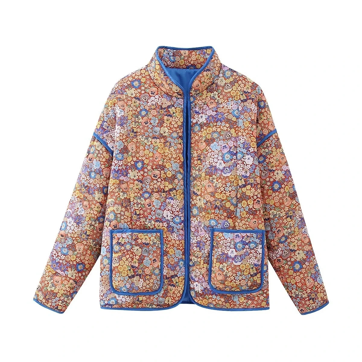 TRAFZA 2023 Winter Women's Vintage Print Cotton Coat Woman Single Breasted Quilted Jacket O-Neck Open Front High Street Outcoat 7