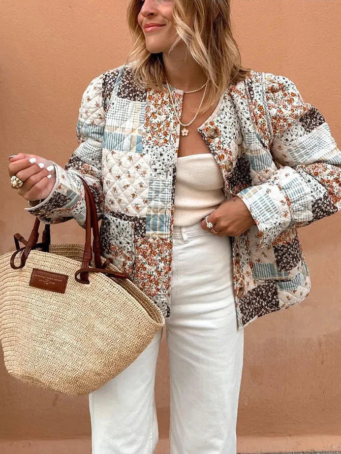 Winter Women's Vintage Print Cotton Coat Woman Single Breasted Quilted Jacket
