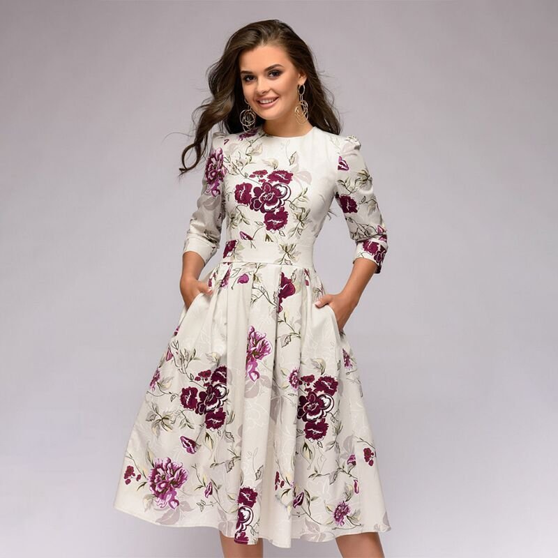 Women's A-Line Dress - Knee-Length - Three-Quarter Sleeves - Floral Print Elegant Style 0