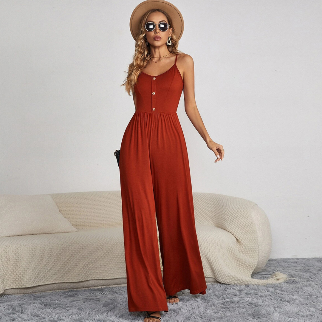 Women's Black Spaghetti Strap Jumpsuit with Button Front and Wide-Leg Trousers - Elegant and Versatile Romper 0