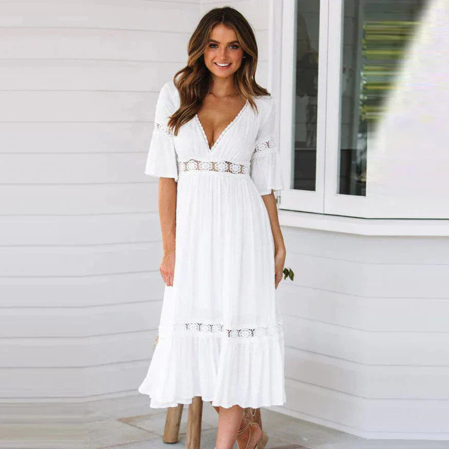 Women's Bohemian Dress - A-Line Flowy Fit - Deep V-Neck - Lace Detail - 3/4 Sleeves 0