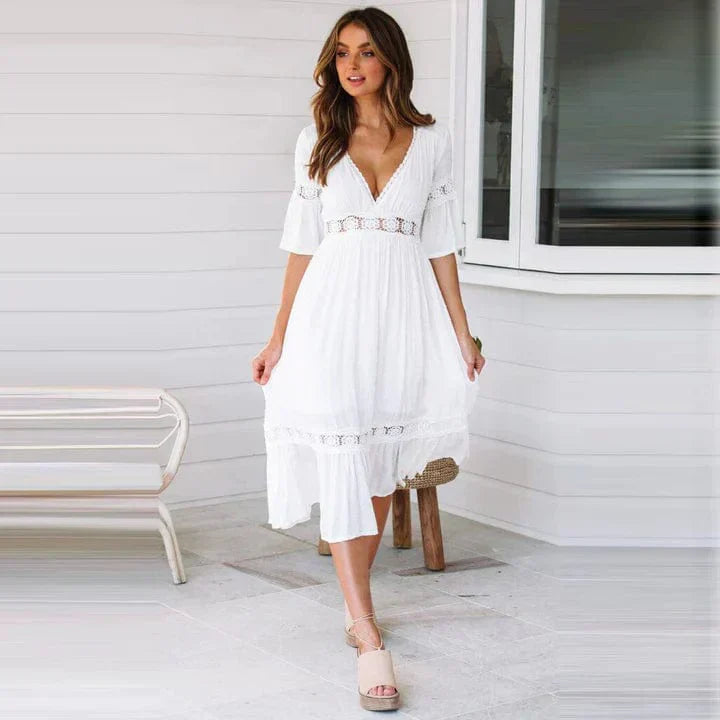 Women's Bohemian Dress - A-Line Flowy Fit - Deep V-Neck - Lace Detail - 3/4 Sleeves 1