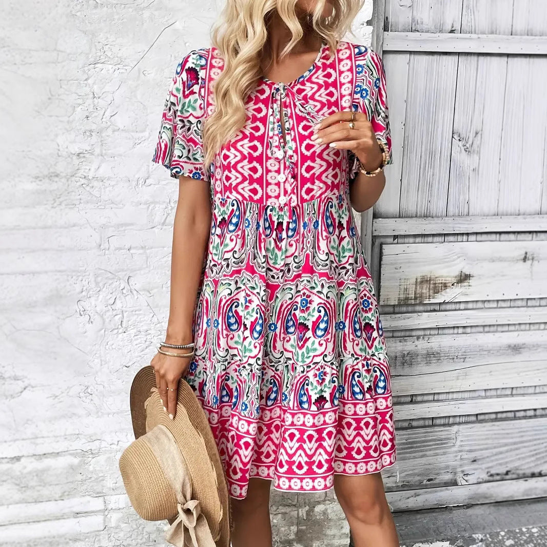 Women’s Casual Dress – Breathable Cotton – Loose Fit – V-Neck – Printed Tiered Hem 1